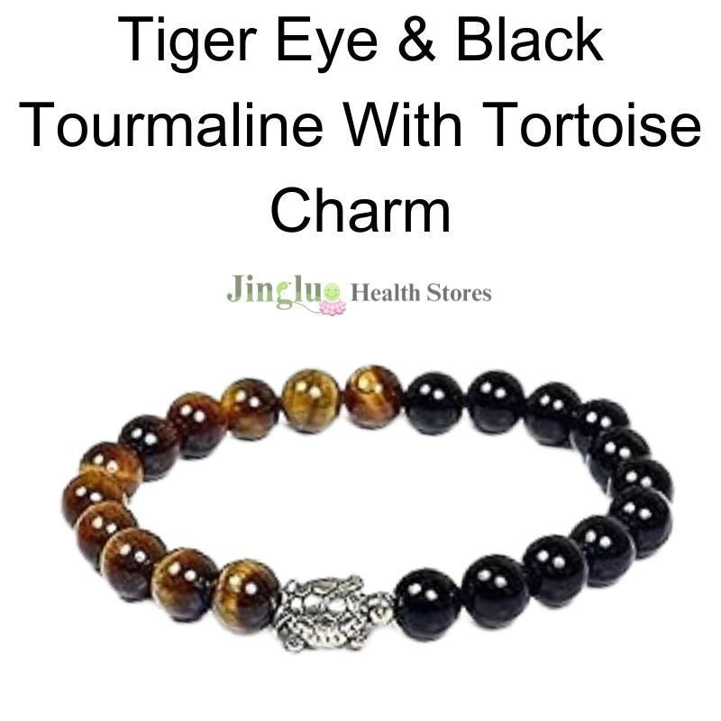 Tiger Eye & Black Tourmaline With Tortoise Bracelet Charm